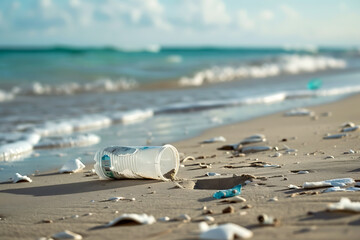 Fototapeta na wymiar Plastic Cup on Sandy Beach