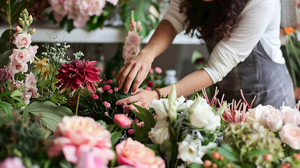 A Floral Designer Selecting and arranging flowers, foliage, and other decorative elements to create visually stunning floral displays