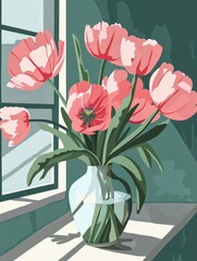 A vase filled with pink flowers sits on a window sill.