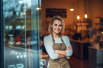 Portrait of a cheerful barista girl in a café, her inviting smile embodying the welcoming atmosphere of the coffee shop