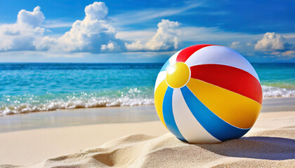 Fototapeta na wymiar Colorful beach ball on sand near ocean. Summer vacation. Beautiful seascape
