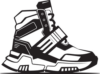 SpaceSprint Hi Tech Sci Fi Boots Black Logo Icon QuantumQuip Sleek Logo Design of Futuristic Boots