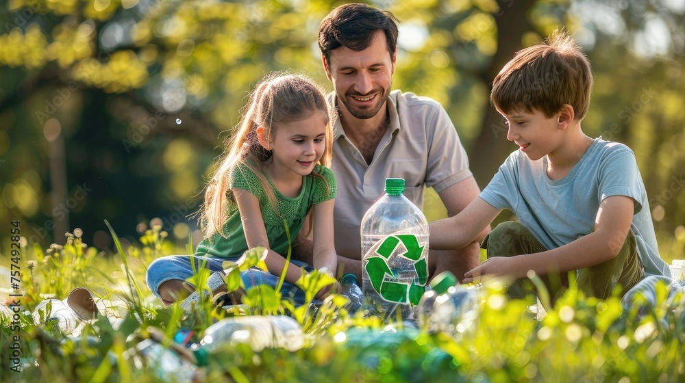 Poster eco-friendly teamwork: join a family effort in recycling paper, plastic, and glass, fostering enviro