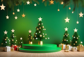 Christmas green theme product stage with tree and stars for promo or banner 3D Rendering 3D illustration Premium Photo