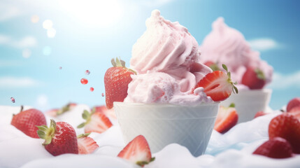 Strawberry pink ice cream with flying berries ingredients, blue sky background - 757492887