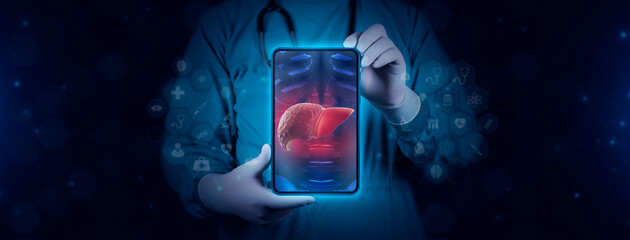 The doctor performs tests for cirrhosis and hepatitis on your tablet. Hepatologist isolated on a dark background makes a diagnosis of liver in poor condition. Innovative technology in hepatology.