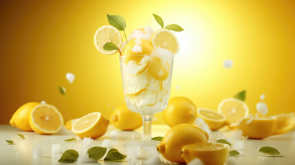 Citrus ice cream with flying fruit slices ingredients, dessert food background - 757493060