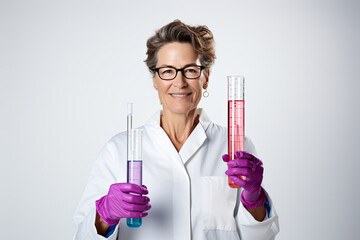 Scientist holds a test tube and a graduated cylinder filled with colorful liquids, showcasing the joy of discovery