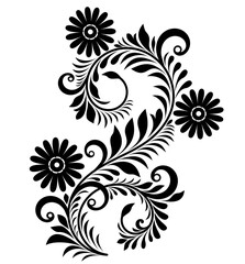 Black and white decorative pattern with a silhouette of flowers, curls, leaves on a white background. Floral design element.