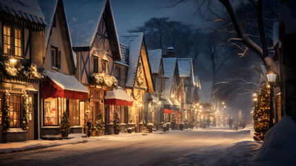 the festive spirit of a quaint snowy village during Christmas, with warmly lit cottages, and a charming town square adorned with twinkling lights Generative AI - obrazy, fototapety, plakaty
