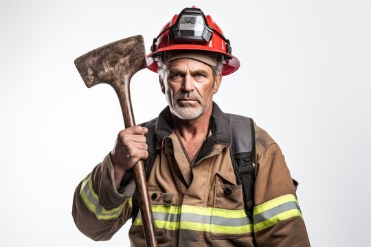 Man firefighter, with a serious expression, holds an axe and wears a helmet, ready to face the challenges ahead, white background