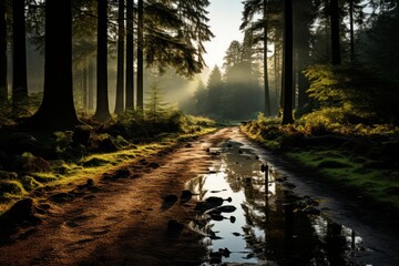 Sunlight filters through trees onto muddy road in woods, creating natural beauty