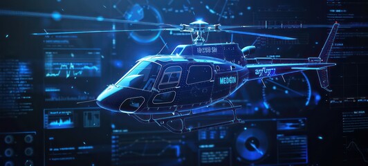 3D rendering illustration Helicopter blueprint glowing neon hologram futuristic show technology security for premium product business finance transportation - obrazy, fototapety, plakaty