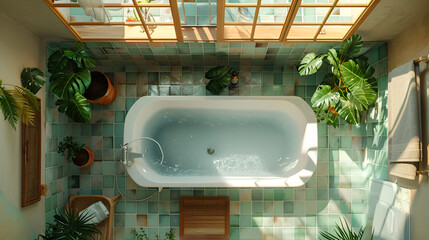 Obraz na płótnie Canvas aerial view of a bathroom with a bathtub and a window with potted plants on the side of the bathtub, luxurious bathroom with a large Jacuzzi tub, Generative Ai