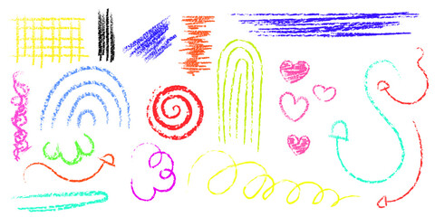 Set of colorful doodle crayons, hand drawn design element. Vector graphic crayons, childish texture, abstract scribble illustration