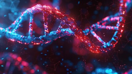 Digital illustration of glowing red and blue DNA double helix on abstract background, Intricate helix structure of DNA with crystalline detail