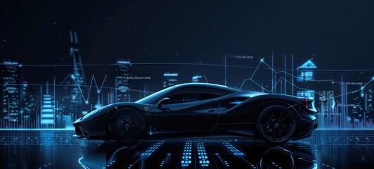 Creative blue car interface on dark wallpaper. Transport, engineering, future and technology concept. 3D Rendering