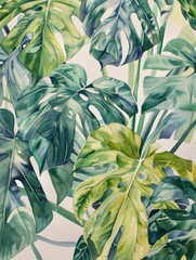 A painting featuring vivid green leaves set against a stark white background, creating a striking contrast.