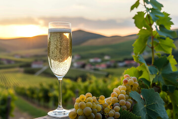 Sunset Toast with a Glass of Champagne in a Lush Vineyard Overlooking Rolling Hills - obrazy, fototapety, plakaty