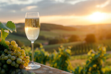 Elegant Champagne Flute Amidst Vineyards with Green Grapes During a Breathtaking Sunset