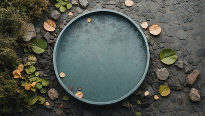 Top view flat lay circle stone podium over a puddle of water