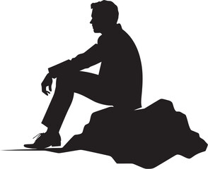 PeakPeace Black Logo Icon of Man in Deep Thought on Mountain Rock SummitSanctuary Silhouette of Man Finding Peace on Mountain Rock