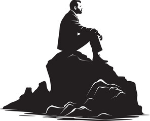 HighlandHaven Silhouette of Man Finding Solace on Mountain Rock PeakPerch Black Logo Icon of Man Resting on Mountain Rock