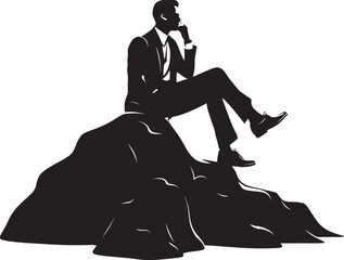 AlpineApex Black Logo Icon of Man Sitting on Mountain Rock HighlandHarmony Contemplative Figure on Mountain Rock Vector