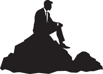 EverestEase Silhouette of Man Seeking Tranquility on Mountain Rock SummitSerenade Seated Man Finding Solace on Mountain Rock Vector