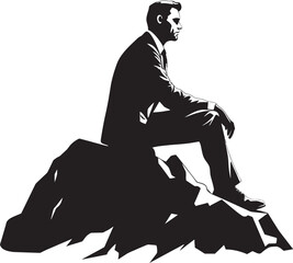 CliffCalm Solitary Figure on Mountain Rock Vector ZenZephyr Black Logo Icon of Tranquil Man on Mountain Rock