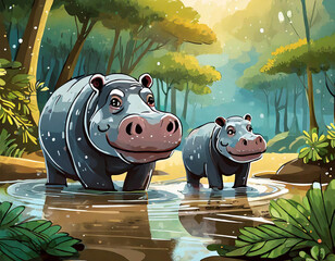Big and small hippos playing in the mud, around the forest - 757494494