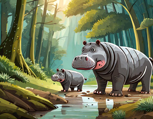 Big and small hippos playing in the mud, around the forest  - 757494499
