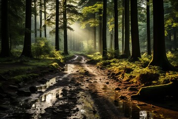 Sunlight filters through trees on muddy path in forest