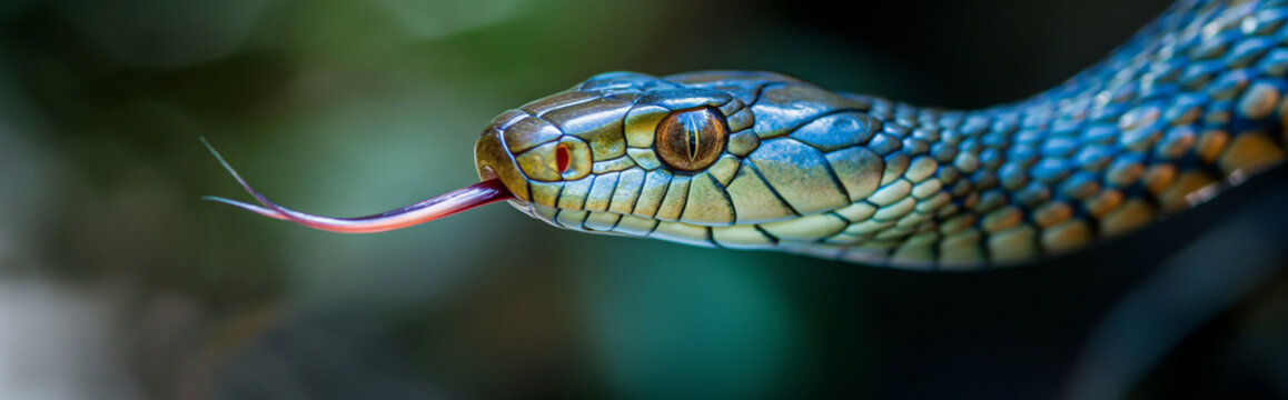 Snake head close up with tongue.Panorama view. Generative AI