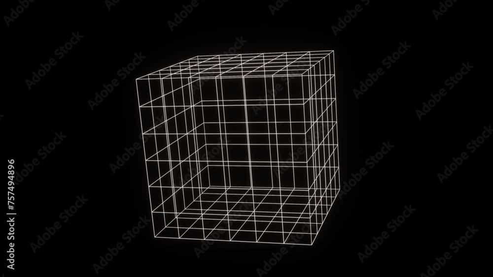Poster 3d abstract futuristic black and white retro wireframe grid cube. 80s 90s web geometric math backgro
