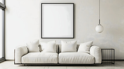 Modern industrial living room interior design, 3d render,  cosy sofa bed wit white blank empty photo frame on the wall, copy space area, architecture background - obrazy, fototapety, plakaty