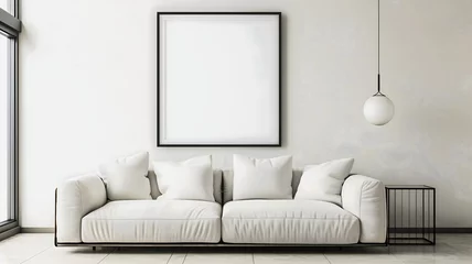 Foto op Plexiglas Modern industrial living room interior design, 3d render,  cosy sofa bed wit white blank empty photo frame on the wall, copy space area, architecture background © Karlo