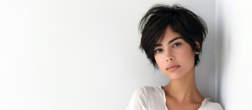 Portrait attractive young dark haired white model pixie cut plain white background, fashion concept, copy space.
