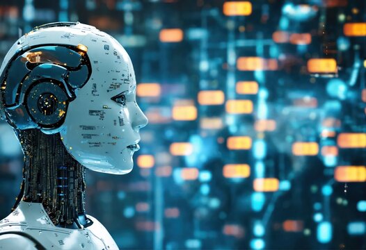 Robot woman in the network: artificial intelligence, cyberspace, the future of technology - Powered by Adobe