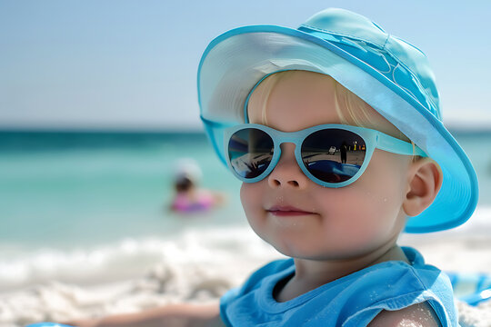 Little Boy Wearing Sunglasses and Blue Hat
