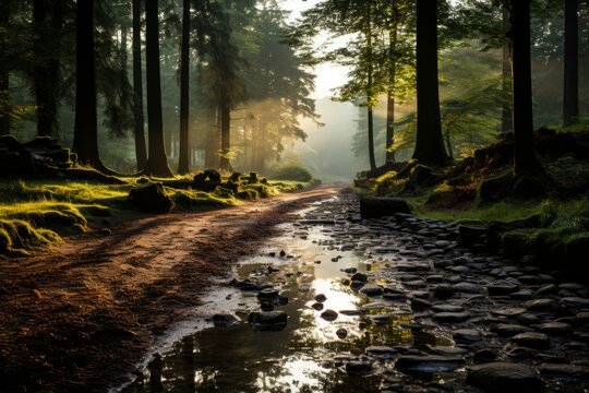 Sunlight filters through trees onto muddy path in natural landscape