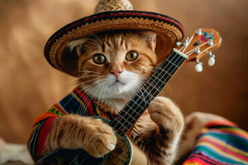 red ginger funny cat in a straw Mexican sombrero hat with a ukulele in his paws Cinco De Mayo...