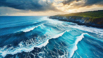 Blue water waves. Tropical sea coast. Beautiful natural seascape. Summer vacation.