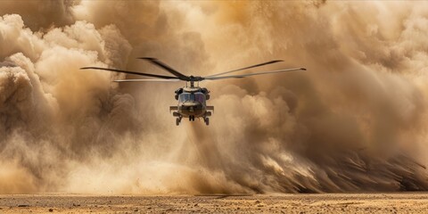 Military helicopter landing in a sandy area, causing a large dust cloud.