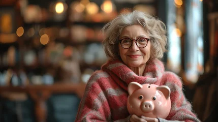 Fotobehang close up portrait of happy elderly woman with pink piggy bank, happy retirement, financial planning for silver gen, Generative Ai © QuietWord