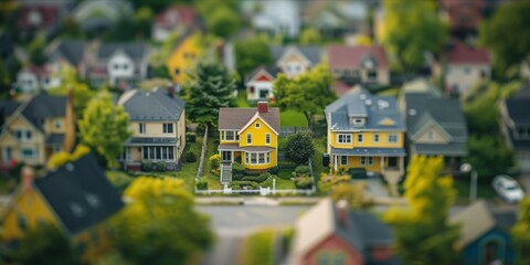 Miniature scale model of a residential area with a focus on one yellow house.