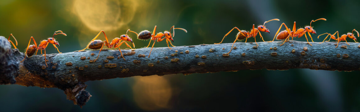 Ant walking in a row on branch. Generative AI