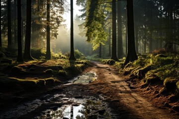 Sunlight filters through trees onto muddy path in natural woodland landscape