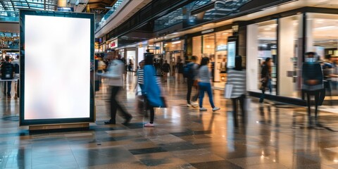 Blank advertisement board in a busy shopping mall with motion blurred people.