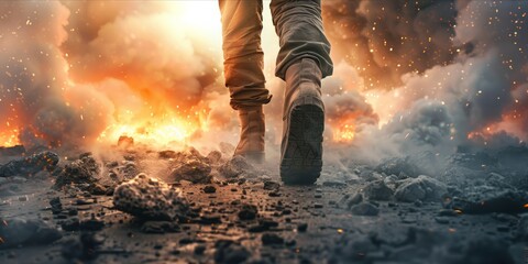 Ground view of a person walking in a devastated landscape with explosions and smoke.